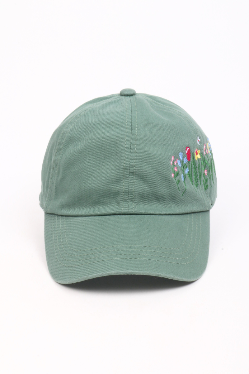 FLOWERS with butterfly Side Embroidered Baseball Cap