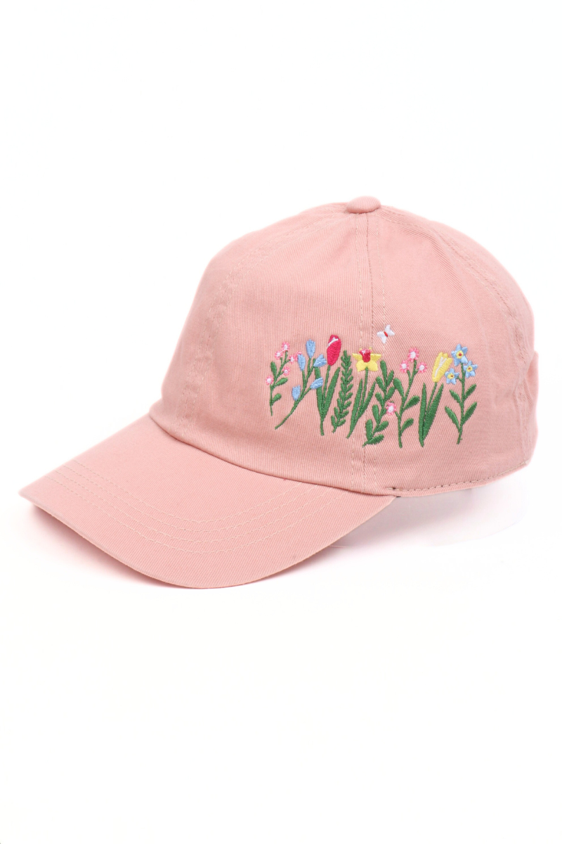 FLOWERS with butterfly Side Embroidered Baseball Cap