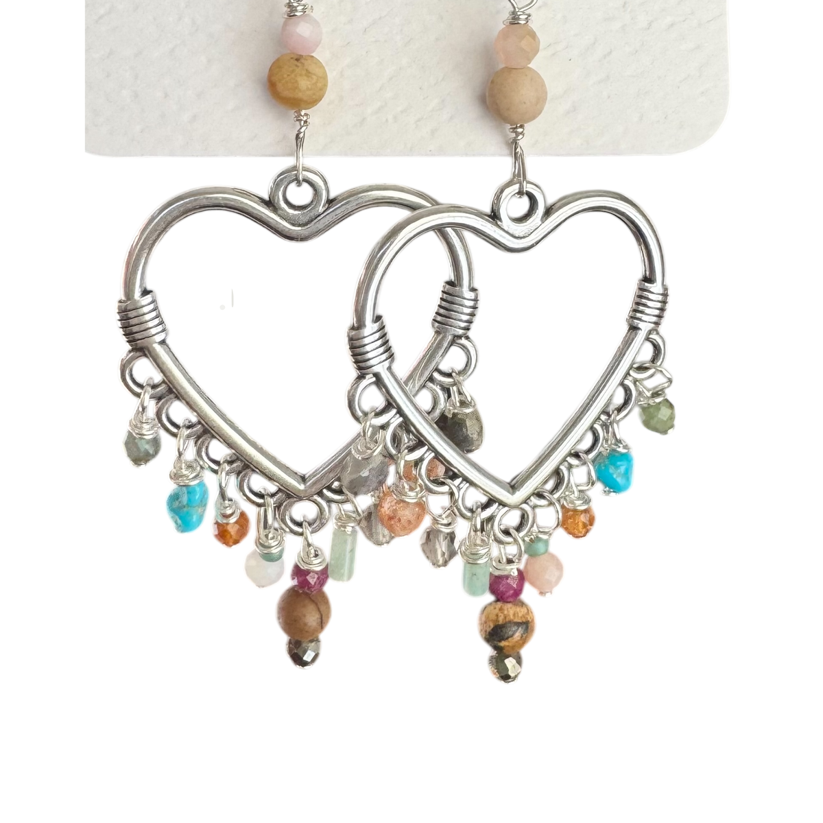 Heart chandelier earrings with mixed stones - THE SILVER RIPPLE