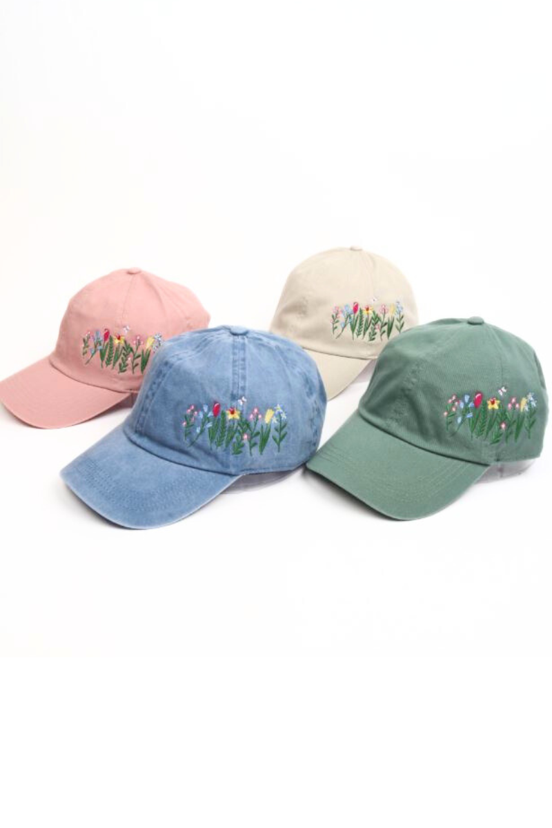 FLOWERS with butterfly Side Embroidered Baseball Cap