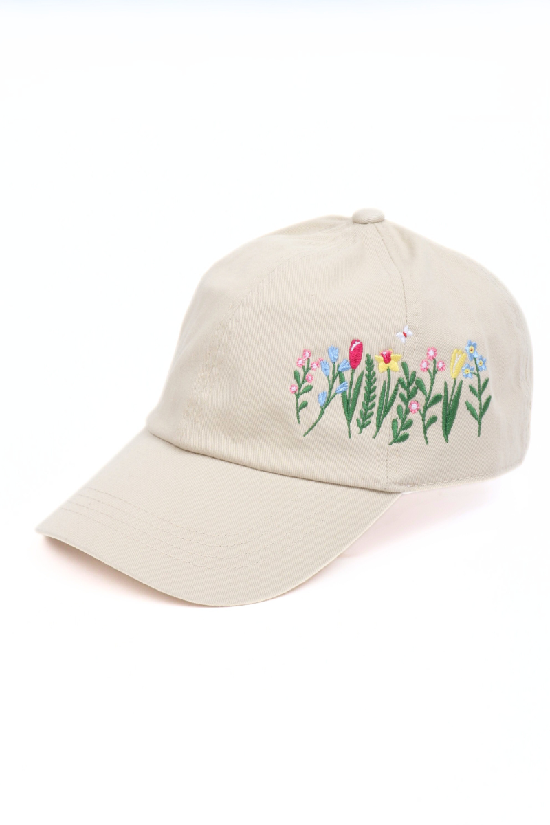 FLOWERS with butterfly Side Embroidered Baseball Cap