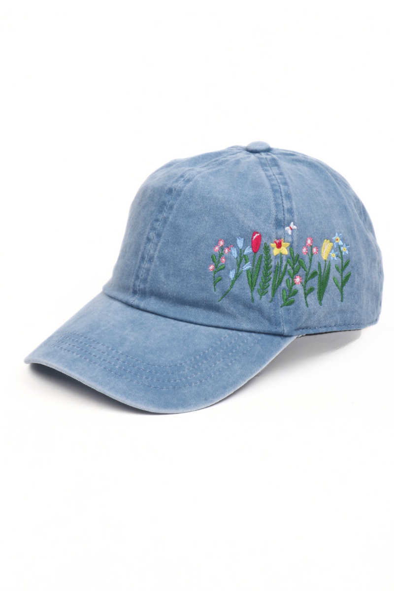 FLOWERS with butterfly Side Embroidered Baseball Cap